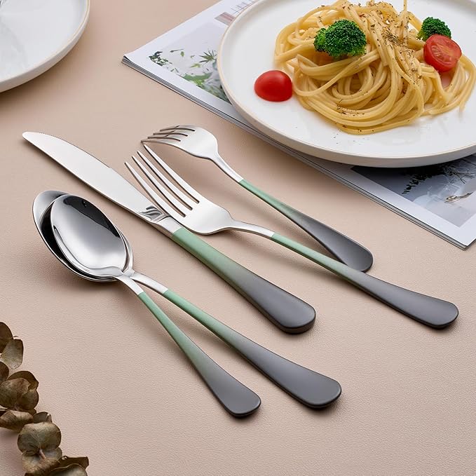 20-Piece Green and Gray Silverware Set for 4, 18/0 Stainless Steel Flatware Cutlery Utensils Set, Include Dinner Knives,Dinner Forks,Dinner Spoons,Salad Forks,Teaspoons,Dishwasher Safe