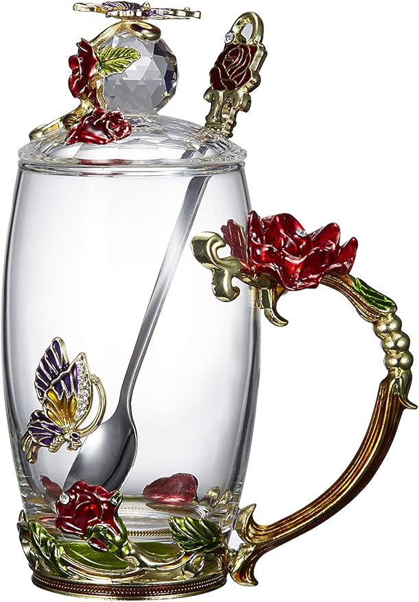 Glass Teacup, 12 oz, Rose Red, Drinking Cup with Lid, Spoon, Coaster, and Cleaning Cloth, Reusable, Floral Design, Perfect for Hot and Cold Drinks, Gift for Women