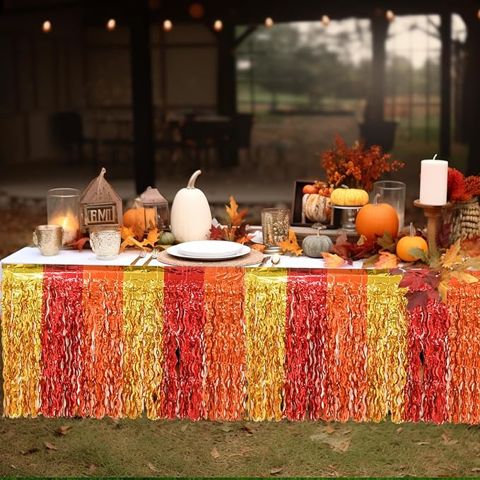 Mega-L Fall Party Decorations, 2 Pack Red Orange Gold Wavy Metallic Tinsel Foil Fringe Table Skirts for Rectangle and Round Table, Thanksgiving Decor for Friendsgiving Fall Harvest Autumn Party
