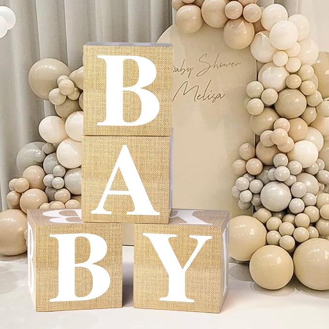 Baby Boxes with Letters for Baby Shower Decorations, Gender Reveal Decorations with 4 Burlap Balloon Boxes