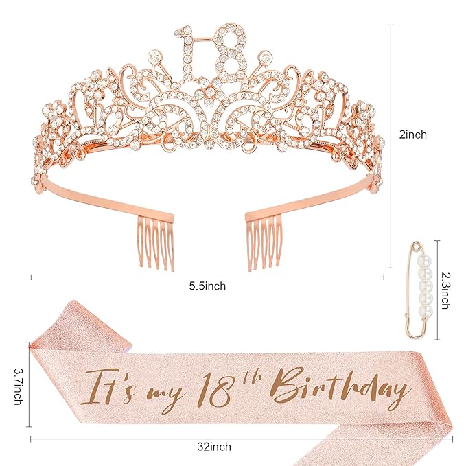 Semato 18th Birthday Decorations - Glitter Crown & Sash Kit for Her, Happy Birthday Tiara & Party Favors
