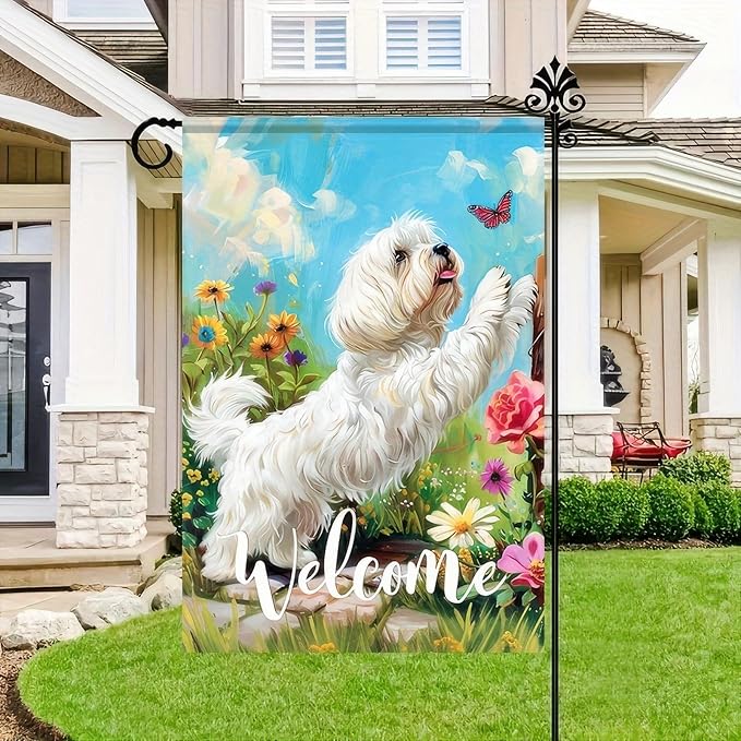 BlissYard Welcome Spring Summer Garden Flag Maltese Dog Flag 12x18 Double Sided Flowers Floral Seasonal Home Decor Banner Farmhouse Outdoor Yard Decoration Flag