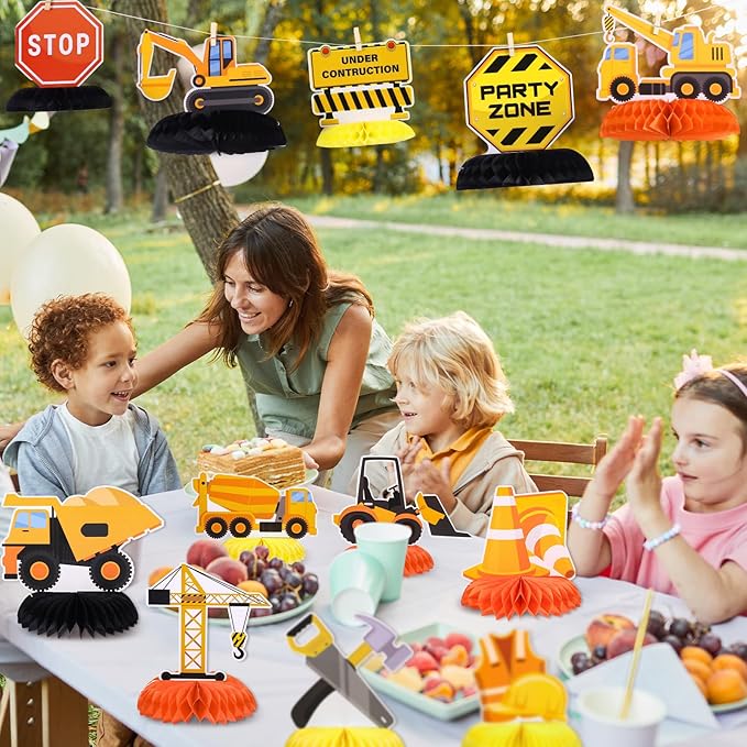 12 Pieces Construction Birthday Party Supplies Construction Table Centerpieces Construction Honeycomb Centerpieces Truck Table Toppers for Construction Theme Birthday Party Decorations