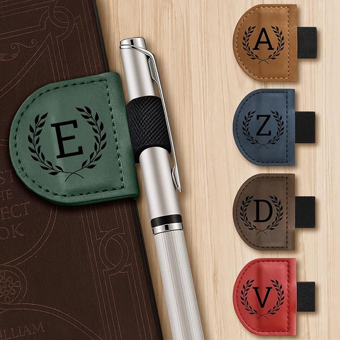 Personalized Bygone Mark Bookmark with Pen Holder,Engraving Leather Magnetic Bookmarks Vintage 26 Letters Name Initials Text Book Marker Clips Gifts for Reading Book Lovers Women (Coffee, G)