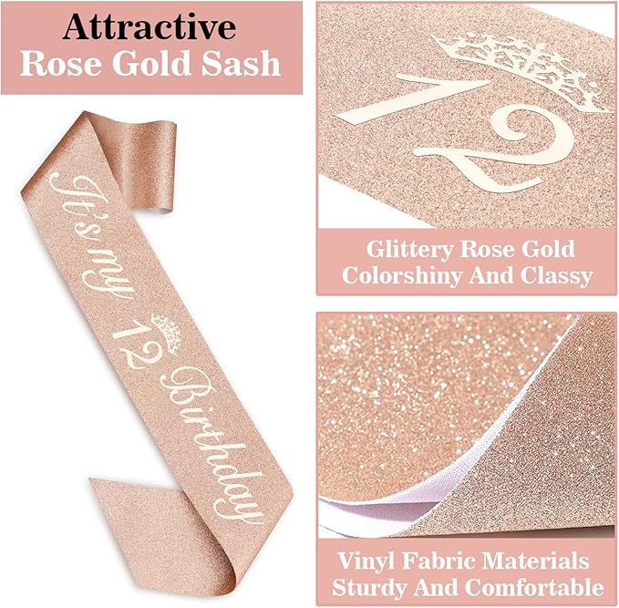 12th Birthday Decorations for Girls Including Sash, Crown/Tiara, Candles and Cake Topper, Rose Gold 12 Year Old Birthday Party Decorations for A Girl
