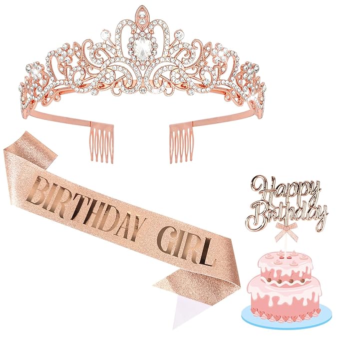 Semato Birthday Crown and Sash Kit Birthday Decorations for Women Tiara Princess Party Supplies and Favors (Girl)