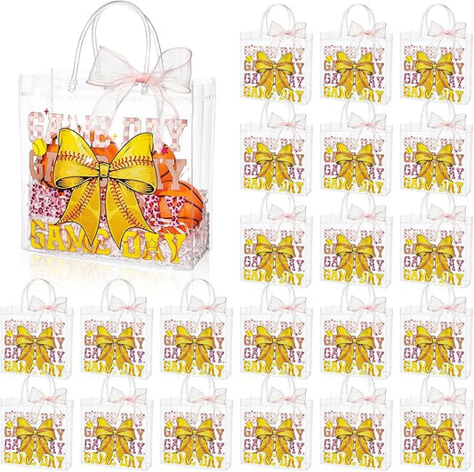 Sweetude 24 Pcs Game Day Softball Clear Treat Bags with Handles Bulk Game Day Softball Goodie Bags Sport Theme Party Gift Favor with Bow Ribbon for Girl Youth Team Snack Birthday Gifts 7.9 x 7.9 Inch