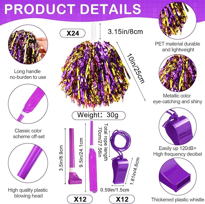 Yunsailing 96 Pcs Homecoming Noisemakers Team Spirit Accessories for Game Day Include Hand Clappers Cheerleading Pom Pom Thunder Stick Cheer Party Blower Plastic Whistle for Sport Fans(Purple)