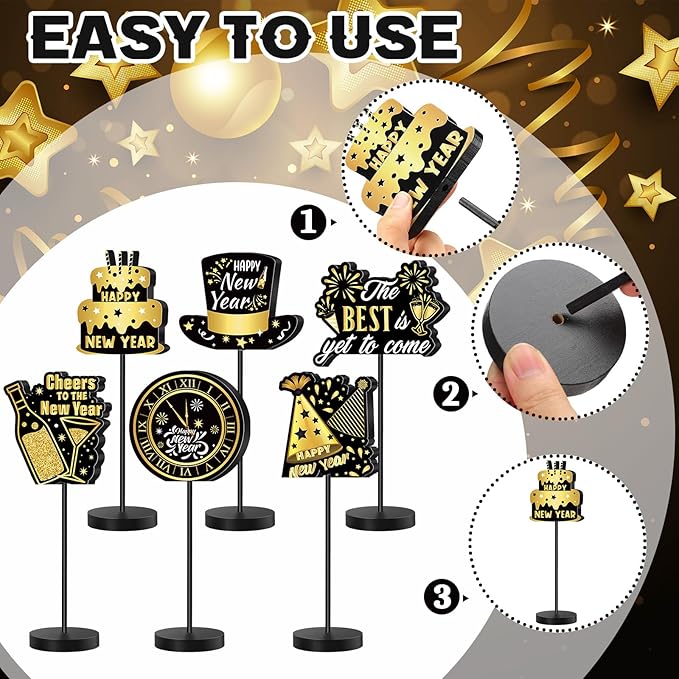 6 Pcs New Years Centerpieces for Tables Happy New Years Table Decoration Party Standing Tabletop Decor for Celebration Black and Gold Wooden Sign Single-sided Printed for 2026 Eve Party