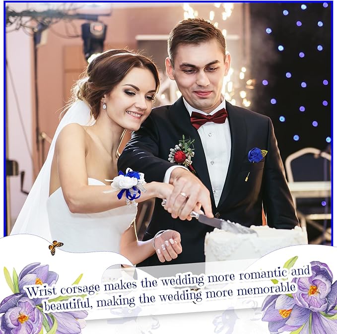 Tigeen 48 Pcs Wrist Corsage and Men's Boutonniere Set for Wedding Wristlet Corsage Hand Flower for Mother of Bride, Bridal, Bridesmaid Suit Decorations (Blue)