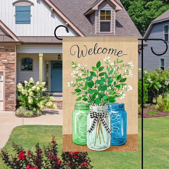 BlissYard Welcome Spring Garden Flag 12x18 Double Sided Mason Jars Floral Seasonal Small Flags For Outside Outdoor Decor Yard Farmhouse Holiday Spring Summer Decorations Yard Flags