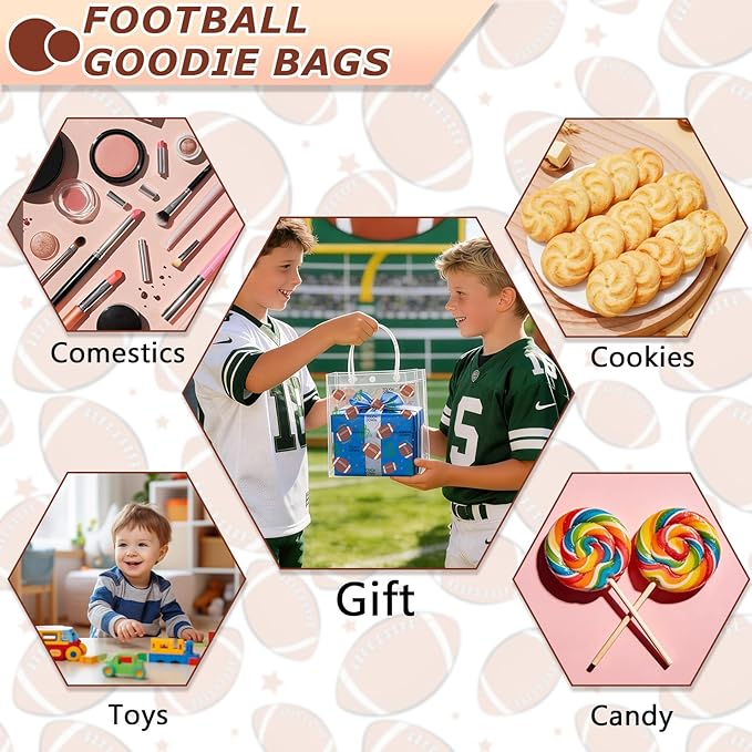 Zenoble 24 PCS Football Goodie Bags Double-Sided PVC Clear Bag Snack Candy Treat Gift Bags with Handle for Super Bowl Party Supplies Football Party Favors Birthday Holiday Decorations