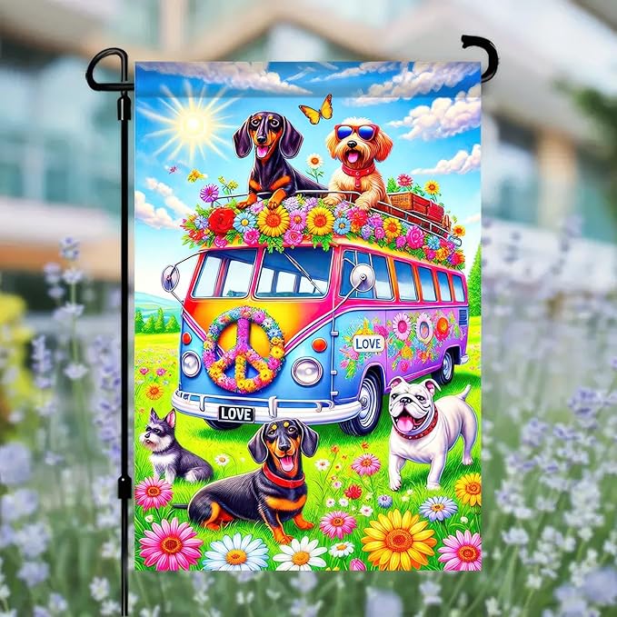 BlissYard Spring Garden Flag 12x18 Inch Double Sided Dachshund Bus Small Flags For Outside Outdoor Decor Yard Farmhouse Holiday Spring Summer Seasonal Decorations Yard Flags