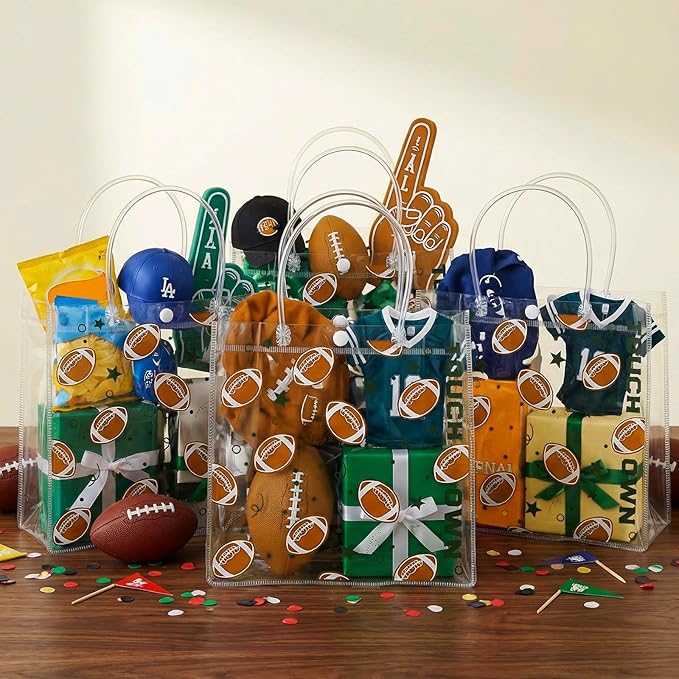 Sweetude 24 Pcs Football Gift Bags Bulk Brown and Green Clear PVC Goodie Bags with Handles 7.87 x 3.1 x 7.87 Inch Reusable Treat Wrapping Exchange Gift for Team Birthday Bowl Party Sport Favor