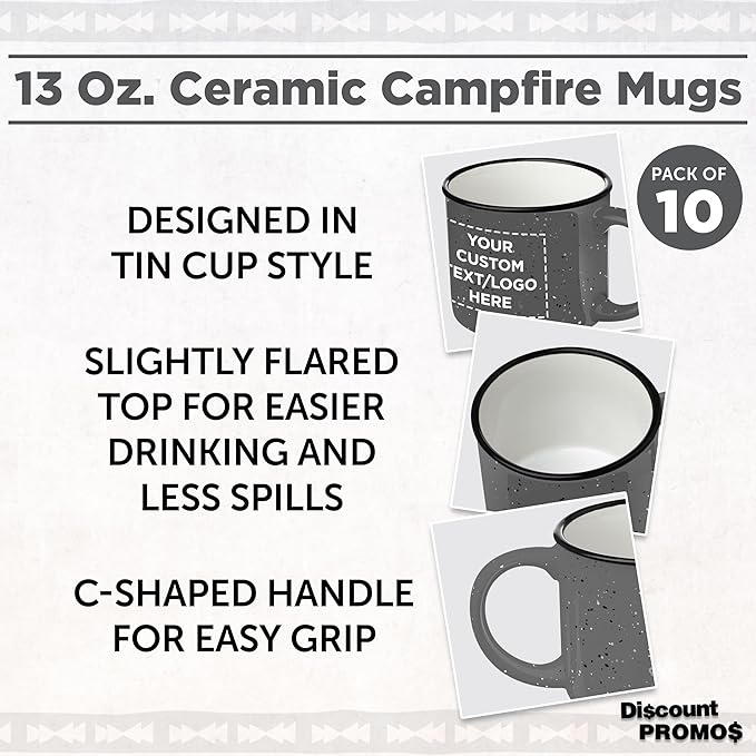 DISCOUNT PROMOS Custom Ceramic Campfire Coffee Mugs 13 oz. Set of 10, Personalized Bulk Pack - Perfect for Tea, Espresso, Cappuccino, Hot Cocoa - Grey