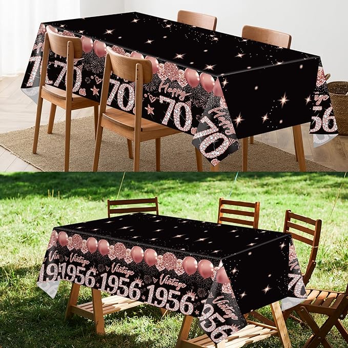 2pcs 70th Birthday Tablecloth, Black Rose Gold 70th Birthday Decorations for Woman Vintage 1956 Table Cloth Plastic Rectangular Table Cover Happy 70 Anniversary Party Supplies