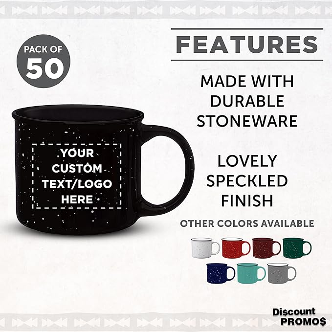 DISCOUNT PROMOS Custom Ceramic Campfire Coffee Mugs 13 oz. Set of 50, Personalized Bulk Pack - Perfect for Tea, Espresso, Cappuccino, Hot Cocoa - Black