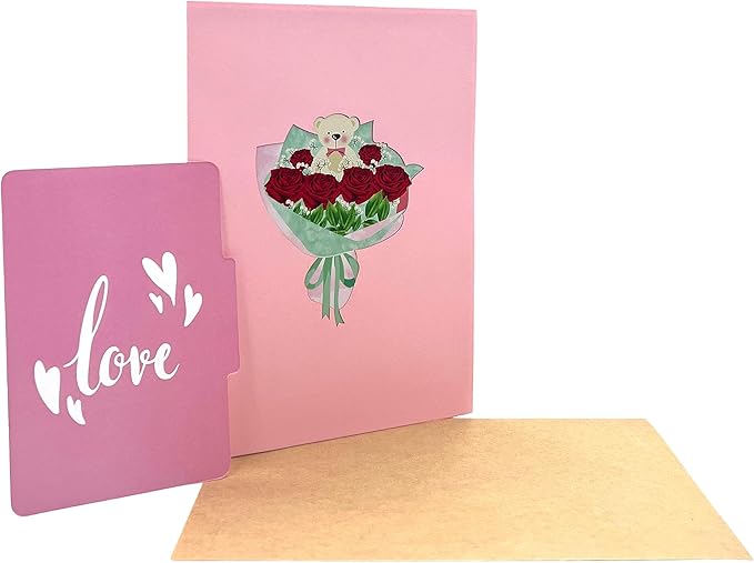 3D Pop Up Greeting Card Flowers Theme (Roses Teddy Bear)