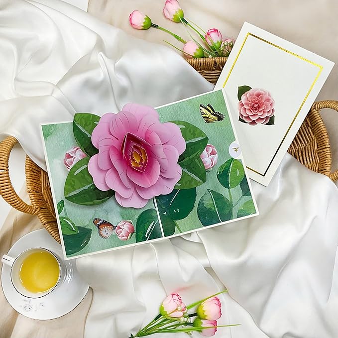 Pop Up Flower Cards for Women, Rose Pop Up Birthday Card, Elegant 3D Camellia Rose Flower Birthday, Mother's Day Pop Up Card for Women, Wife, Mom, Sister, Grandma, Personalized with Message Note
