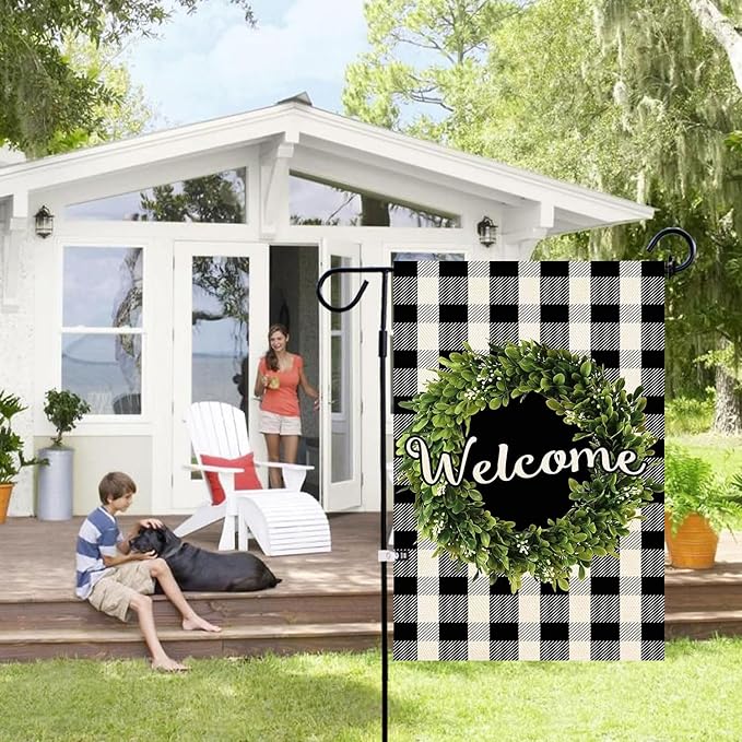 Baccessor Boxwood Wreath Welcome Garden Flag Double Sided, Buffalo Plaid Check Winter Spring Yard Flag Burlap, Small Farmhouse Rustic Flags for Outdoor Outside Decor 12.5 X 18 Inch