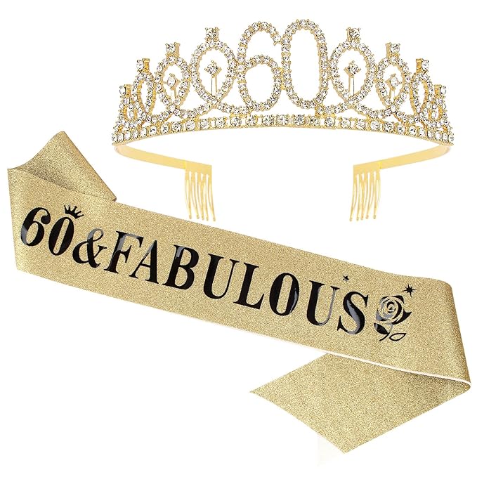 Casoty 60th Birthday Sash and Tiara for Women, Gold Crown 60 and Fabulous Sash & Crown Set, 60th Birthday Gifts for Women, 60th Birthday Decorations Women