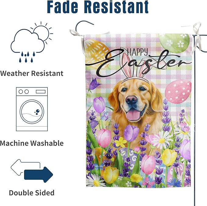 Happy Easter Dog Garden Flag Golden Retriever Spring Flags Buffalo Plaid Bunny Eggs Yard Flag for Outside 12x18 Double Sided Small Decorative Floral Outdoor Flag