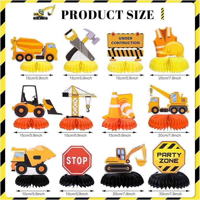 12 Pieces Construction Birthday Party Supplies Construction Table Centerpieces Construction Honeycomb Centerpieces Truck Table Toppers for Construction Theme Birthday Party Decorations