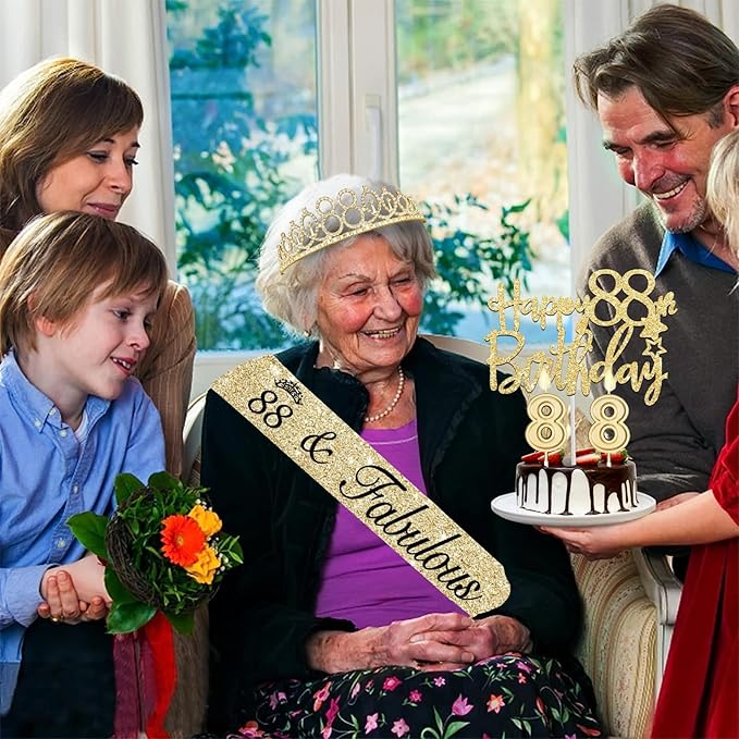 88th Birthday Decorations for Women Gold with 88th Birthday Sash and Tiara, Cake Topper and Candles, Number Balloons, 88 Year Old Gifts for Women