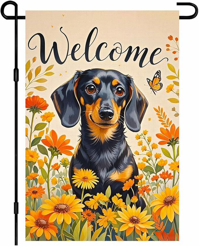 BlissYard Spring Summer Garden Flag 12x18 Inch Welcome Dachshund Dog Outdoor Flag Double Sided Autumn Yard Banner with Sunflowers and Butterflies for Porch Lawn Patio