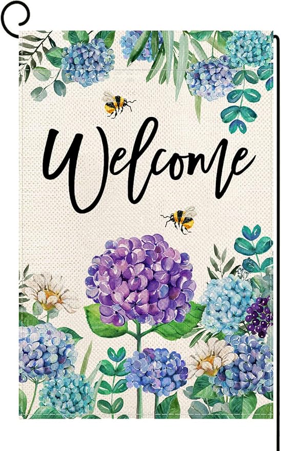 Baccessor Summer Spring Hydrangea Garden Flag Double Sided 12x18 Inch, Summer Purple Blue Flower Floral Welcome Small Yard Flag Burlap Vertical Seasonal Farmhouse Yard Outdoor Decoration