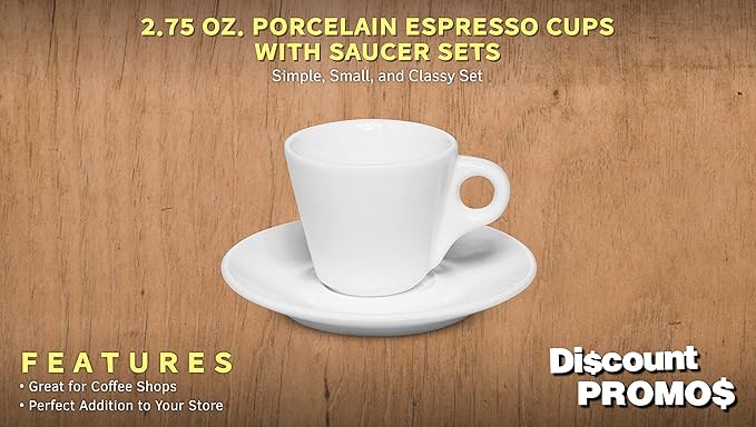 DISCOUNT PROMOS Espresso Cups with Saucer 2.75 oz. Set of 10, Bulk Pack - Perfect for Espresso, Tea, Other Beverages - White
