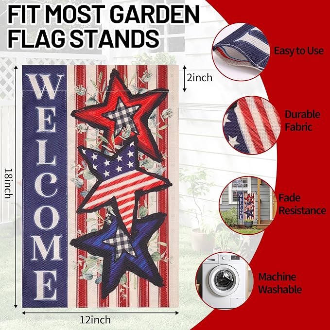 Kevinste 12x18 Double Sided Garden Flags Welcome Winter Outdoor Flags - American Stars & Stripes Burlap Yard Banner for Porch, Lawn, and Garden (Red)