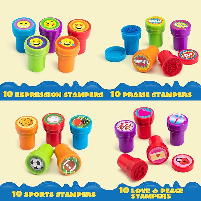 JOYIN 100 Pcs Assorted Stamps for Kids Self-Ink Stamps (50 Different Designs, Dinosaur, Zoo Safari Stampers) for Party Favor, Carnival Prizes, School, Easter Egg Stuffers, Halloween, Christmas