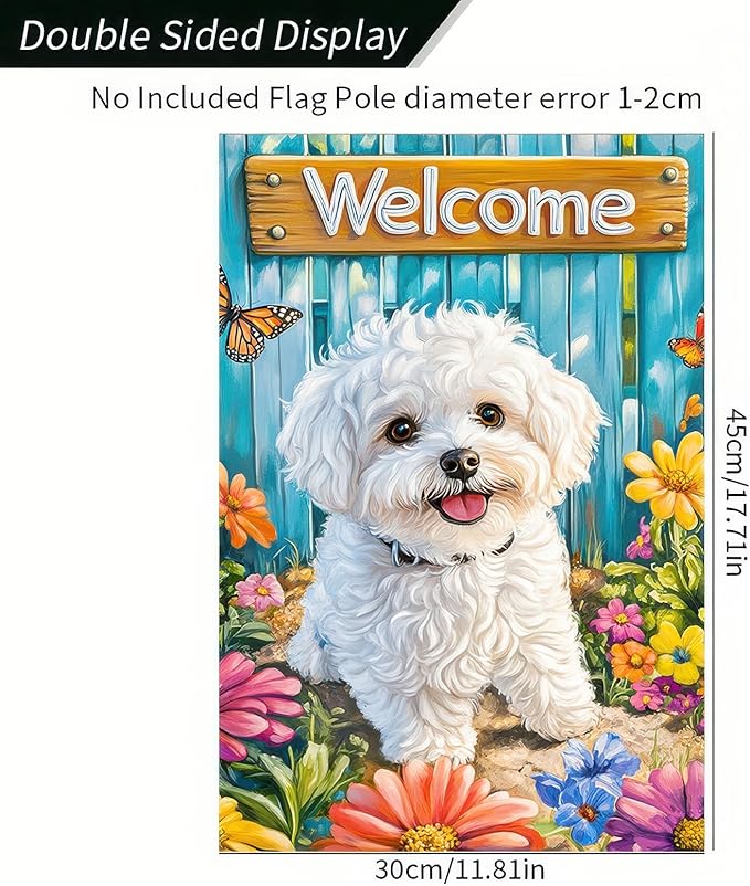 BlissYard Bichon Frise Welcome Garden Flag Double Sided 12x18 Inch Spring Summer Garden Flag Puppy Flower Butterfly Dog House Yard Lawn Outdoor Patio Decoration Banner