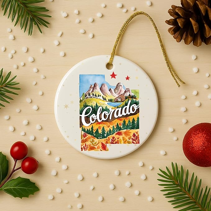 USA State Landmark Ceramic Ornament – Round Glossy Christmas Decoration Featuring U.S. State Art, Landmarks & Holiday Scenery – Collectible Travel Souvenir Ornament Series (Colorado)