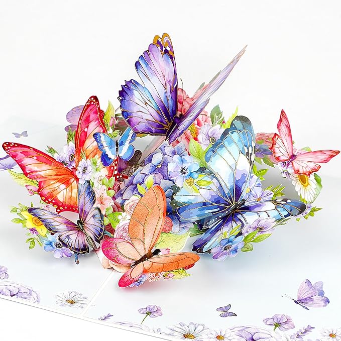 DERAYEE 3D Butterfly Flowers Greeting Card with Envelope for Women, Mother's Day, Birthday, Valentine's Day (Purple)