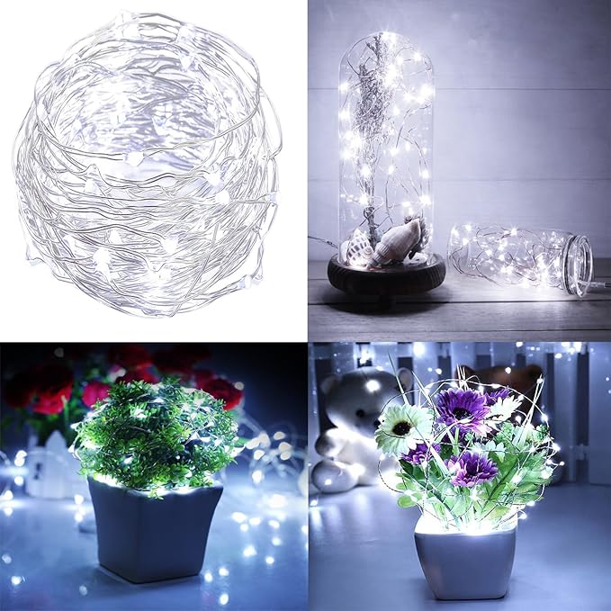 BXROIU 2 x Fairy Lights Battery Operated,Silver Wire Chains 8 Mode 16Ft/5Meter 50 LEDs Timer String Lights with Remote Control for Bedroom Christmas Party Wedding Decoration (Cool White)