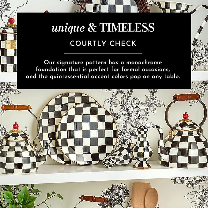MACKENZIE-CHILDS Enamel Mug, Cute Enamelware Coffee and Tea Mug, Unique Drinkware, 16 Ounces, Black-and-White Courtly Check, Set of 4