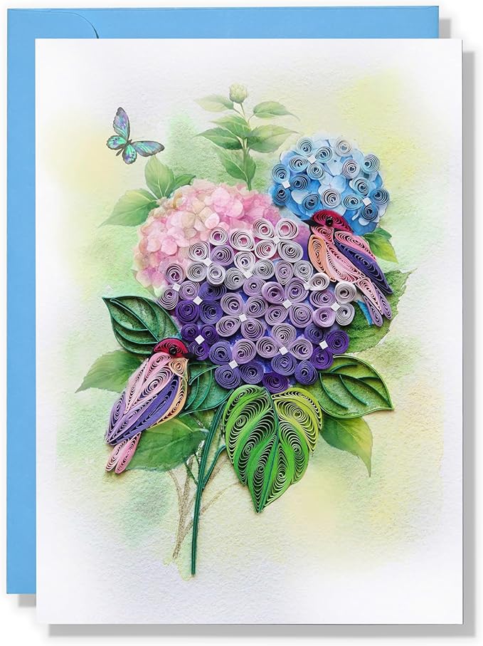 Hydrangea and Birds Romantic Quilling Card for Birthday, Anniversary, Sympathy, Thinking of you, Watercolor Classy Cards for Mom, Women, Wife, Daughter