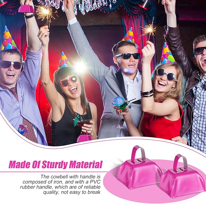 Yeshone 24 Pcs Metal Cowbell with Handle Cow Bells Noise Makers for Sporting Events Small Loud Noisemaker Cow Bell for Wedding Cheering Football Games, 3 x 2.8 x 2.5 Inch(Rose Red)