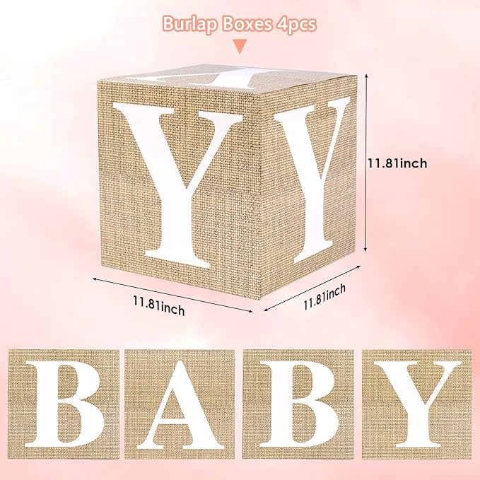 Baby Boxes with Letters for Baby Shower Decorations, Gender Reveal Decorations with 4 Burlap Balloon Boxes