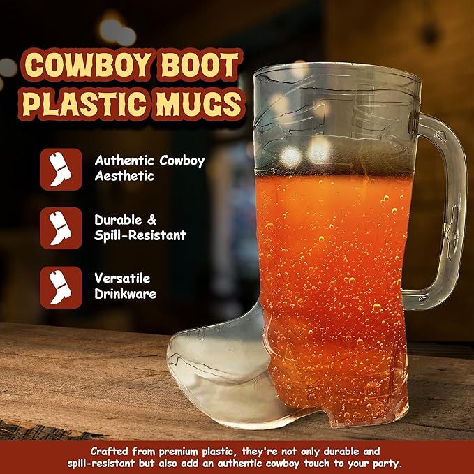 Podzly Cowboy Boot Mugs, 12 Pcs Plastic Drinking Cups, 17 oz, Western Themed Party Decorations, Fun Cowgirl Boot Glasses for Parties, Durable, Reusable