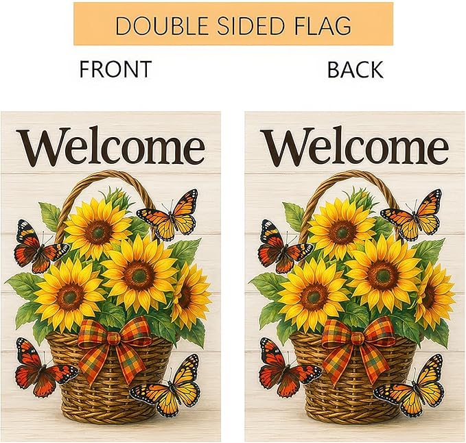 BlissYard Thanksgiving Fall Garden Flag 12x18 Inch Welcome Sunflower Flag Double Sided Outdoor Autumn Yard Banner Basket Butterflies for Porch Lawn Patio Seasonal Decor