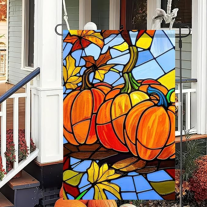 BlissYard Thanksgiving Fall Garden Flag 12x18 Inch Welcome Stained Glass Pumpkin Flag Double Sided Autumn Yard Banner Leaves Harvest for Porch Lawn Patio Seasonal Decor