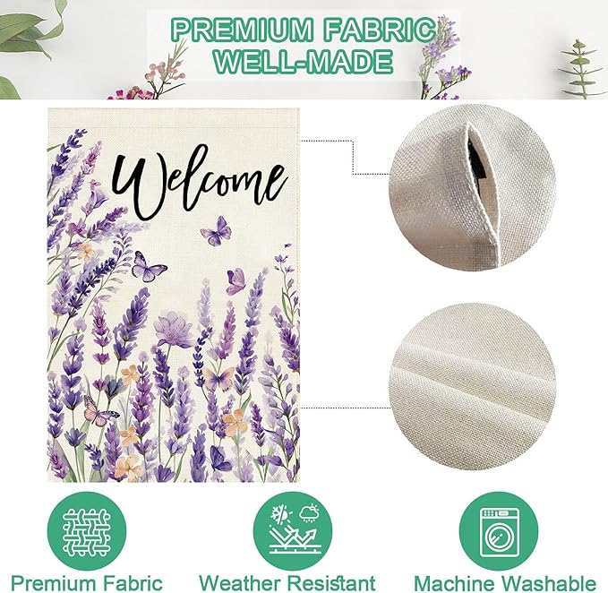 Baccessor Spring Summer Welcome Lavender House Flag 28 x 40 Inch Vertical Double Sided Burlap Butterfly Purple Floral Flower Farmhouse Large Flag Holiday Seasonal Porch Outdoor Outside Decoration