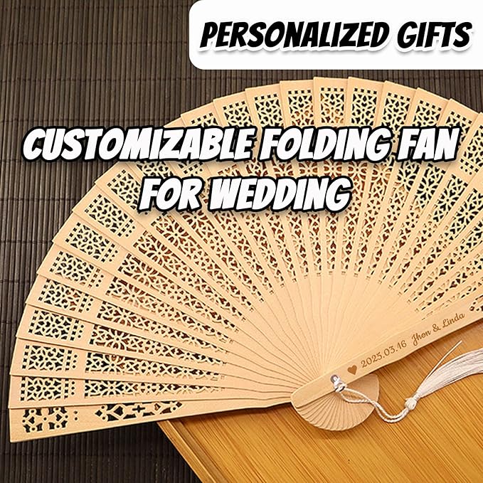 10 Pcs Wedding Fans Personalized Folding Hand Fans, Custom Sandalwood Handheld Fans Bulk Wooden Folding Fan, Vintage Hollow Carved Fans for Wedding Decoration Party Gifts Baby Shower (10 Pcs)
