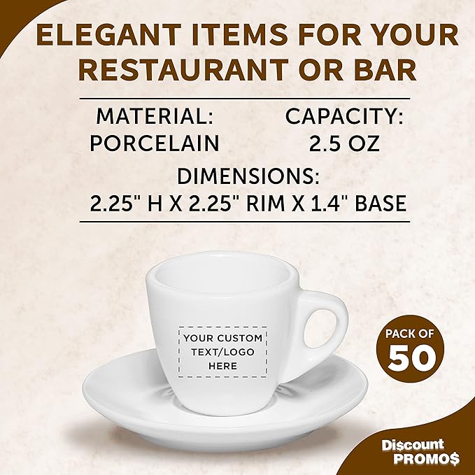 Custom Espresso Cups with Saucer 2.5 oz. Set of 50, Personalized Bulk Pack - Perfect for Coffee, Tea, Espresso, Hot Cocoa, Other Beverages - White