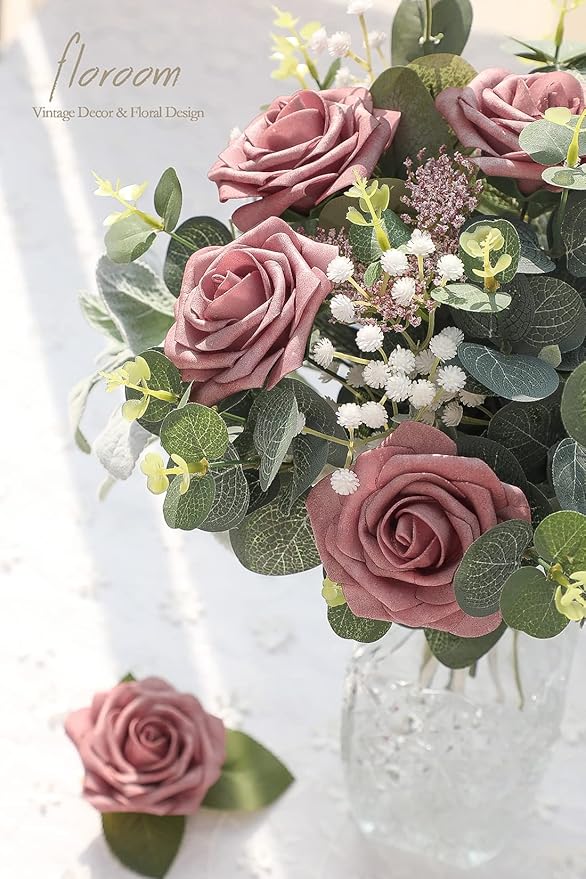 Floroom Artificial Flowers 25pcs Real Looking Dusty Rose Foam Fake Roses with Stems for DIY Wedding Bouquets Bridal Shower Centerpieces Floral Arrangements Party Tables Home Decorations