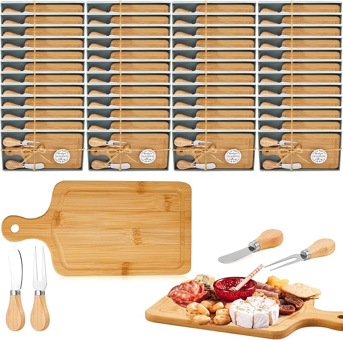 60 Set Bridal Baby Shower Cheese Prizes Wooden Square Board Gift Set Knives Forks Thank You Tags with Box for Guests for Valentines Bridal Baby Shower Housewarming Gifts (Bamboo Color)