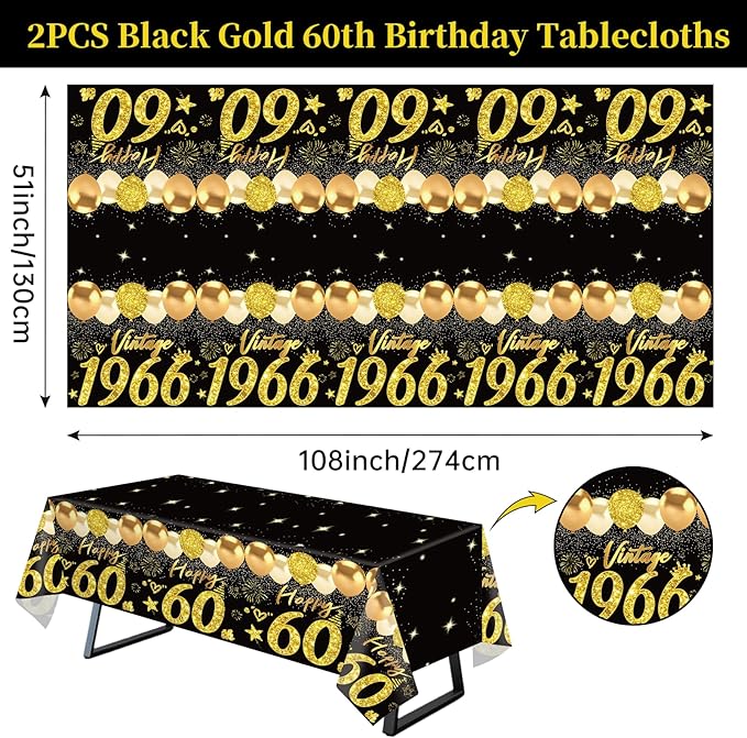 2pcs 60th Birthday Tablecloth, Black Gold 60th Birthday Decorations for Men Women Vintage 1966 Table Cloth Plastic Rectangular Table Cover Happy 60 Anniversary Party Supplies